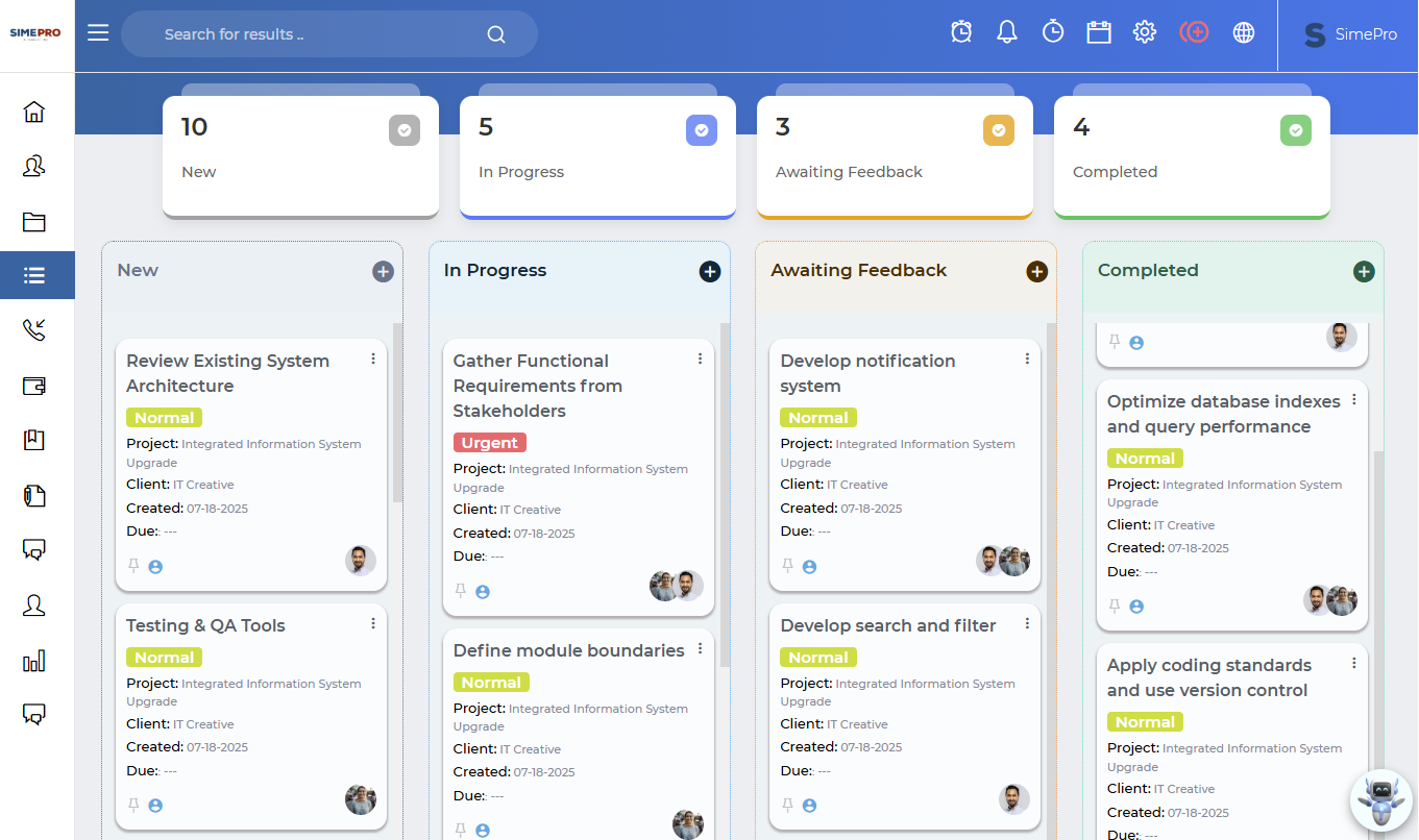 Application screenshot showing a task board with columns for New, In Progress, and Testing.